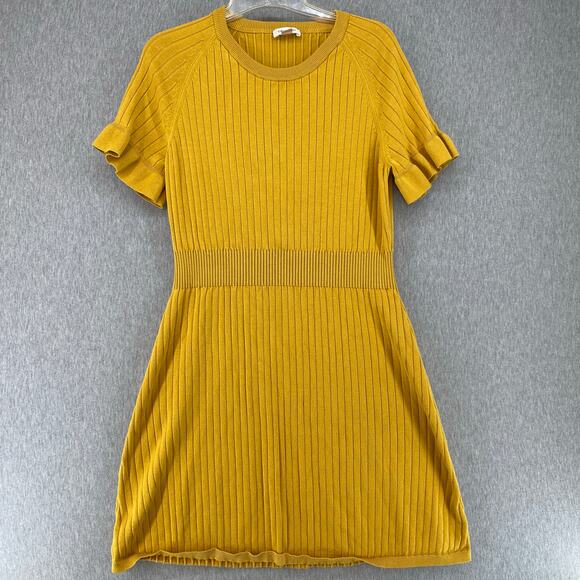 Calvin Klein Ribbed Knit Fit & Flare Ruffled Sleeve Gold Sweater Dress XL - Picture 3 of 7